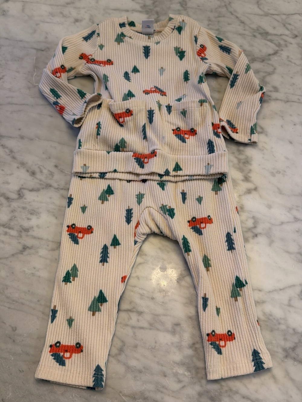 Old Navy Cream Ribbed Pajama Set with Orange Car & Green Tree Print